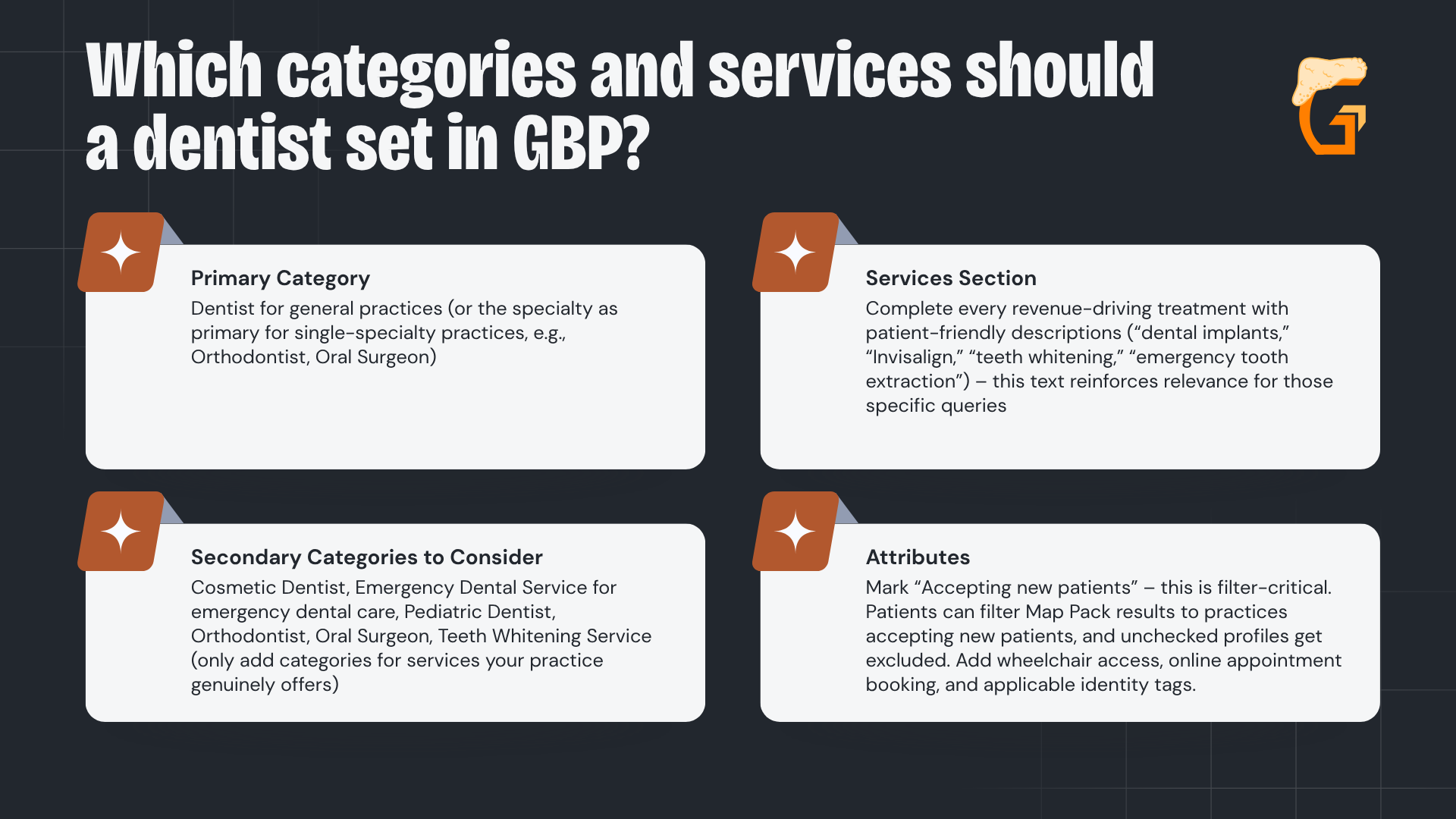 Which categories and services should a dentist set in GBP